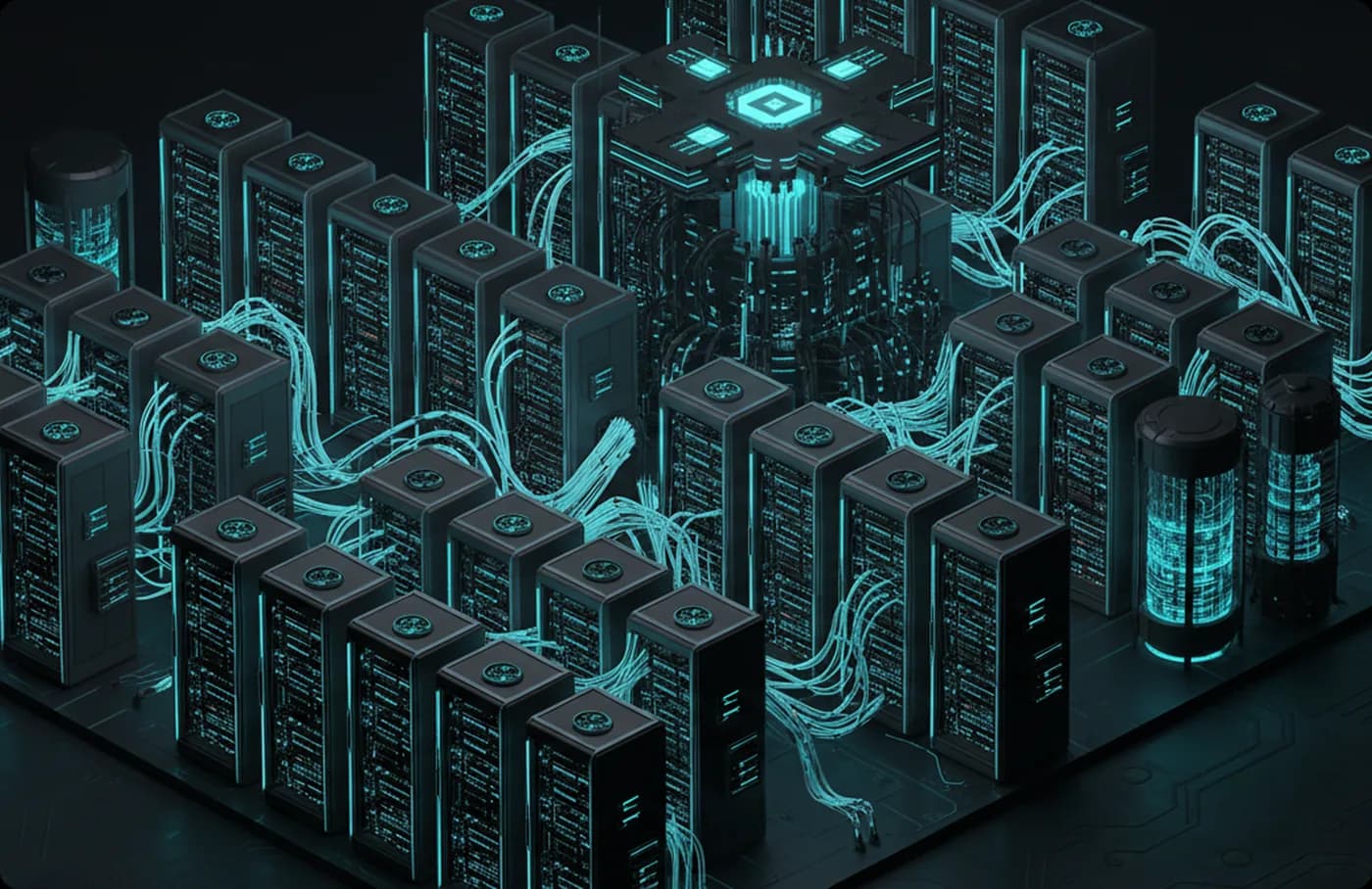 Render isométrico de un data center con servidores, cableado y enfriamiento en operación